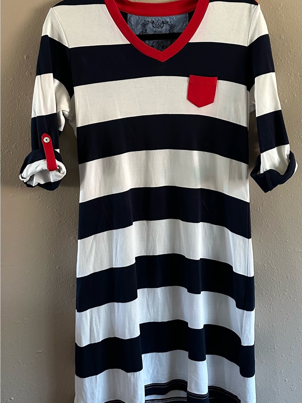 Brooks Brothers Navy and White Striped Long Sleeve Tee with Red Trim